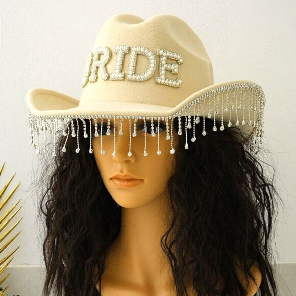 Beige Bridal Cowboy Hat with Pearl Fringe main image 4